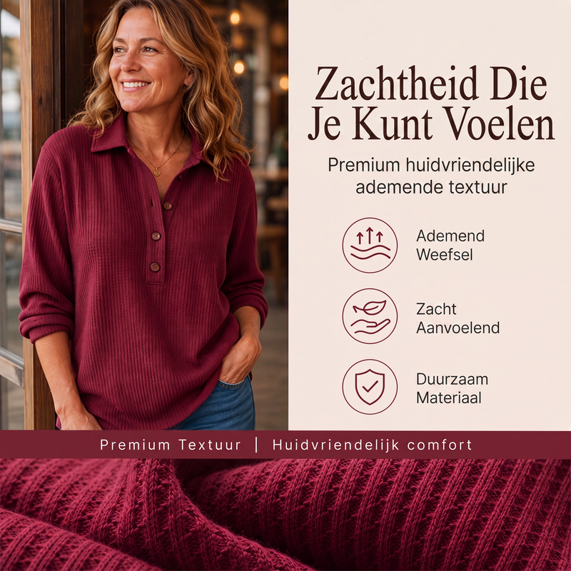 ✨ Nieuwe Collectie 🌿 Dames Wafelgebreid Henley Shirt met Lange Mouwen 👚 Zachte Textuur, Comfortabele Pasvorm & Tijdloze Casual Look