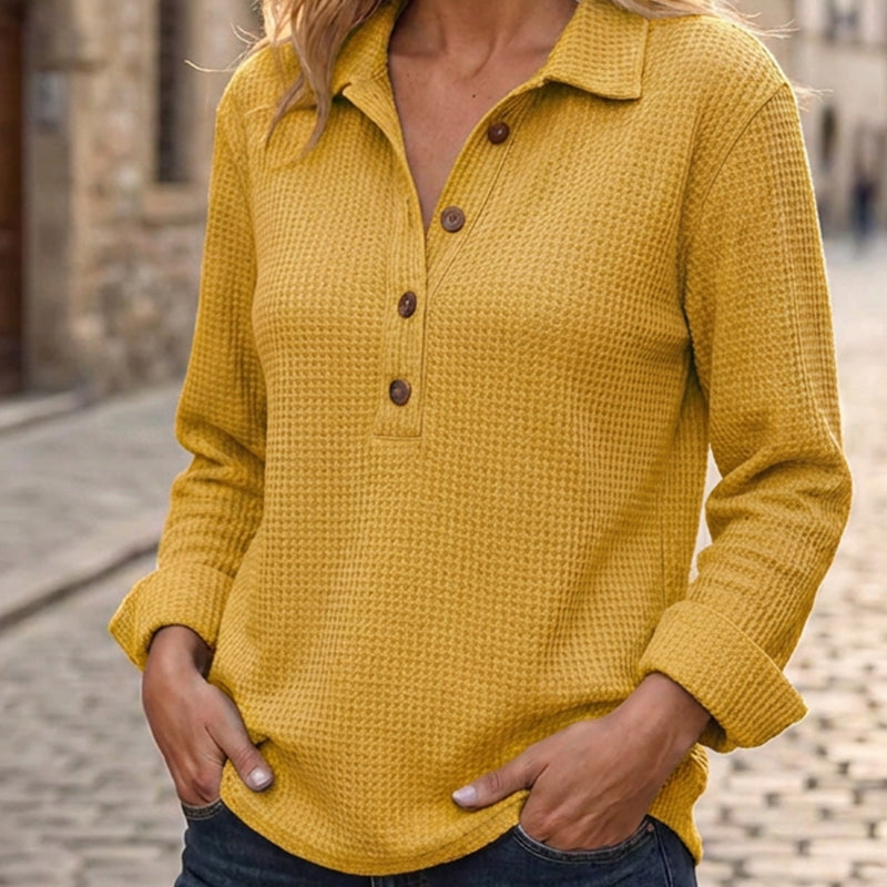 ✨ Nieuwe Collectie 🌿 Dames Wafelgebreid Henley Shirt met Lange Mouwen 👚 Zachte Textuur, Comfortabele Pasvorm & Tijdloze Casual Look