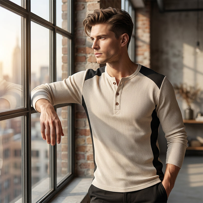 Heren kleurenblok wafelgebreid Henley-shirt