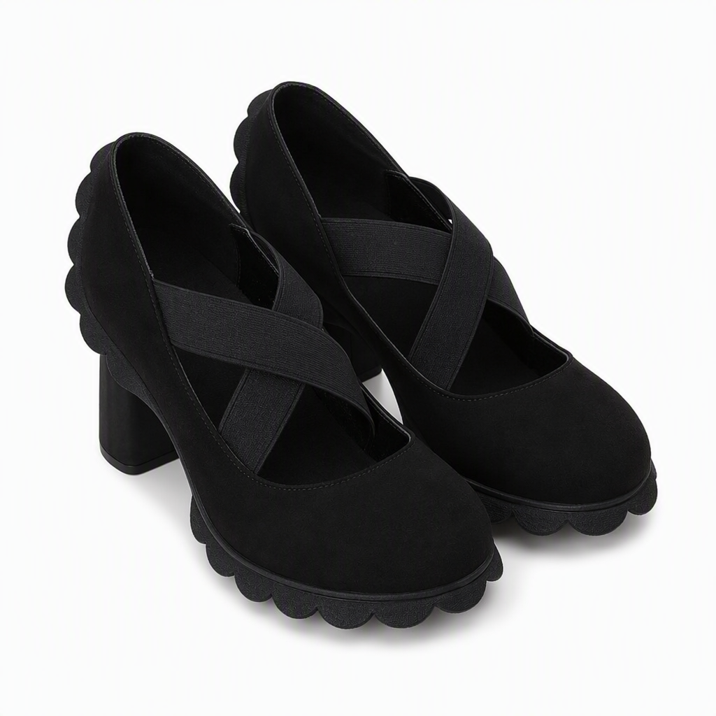 Dames schoenen met ronde neus, gekruiste bandjes en Mary Jane-stijl, blokhak, plateauhiel en uitsparingen