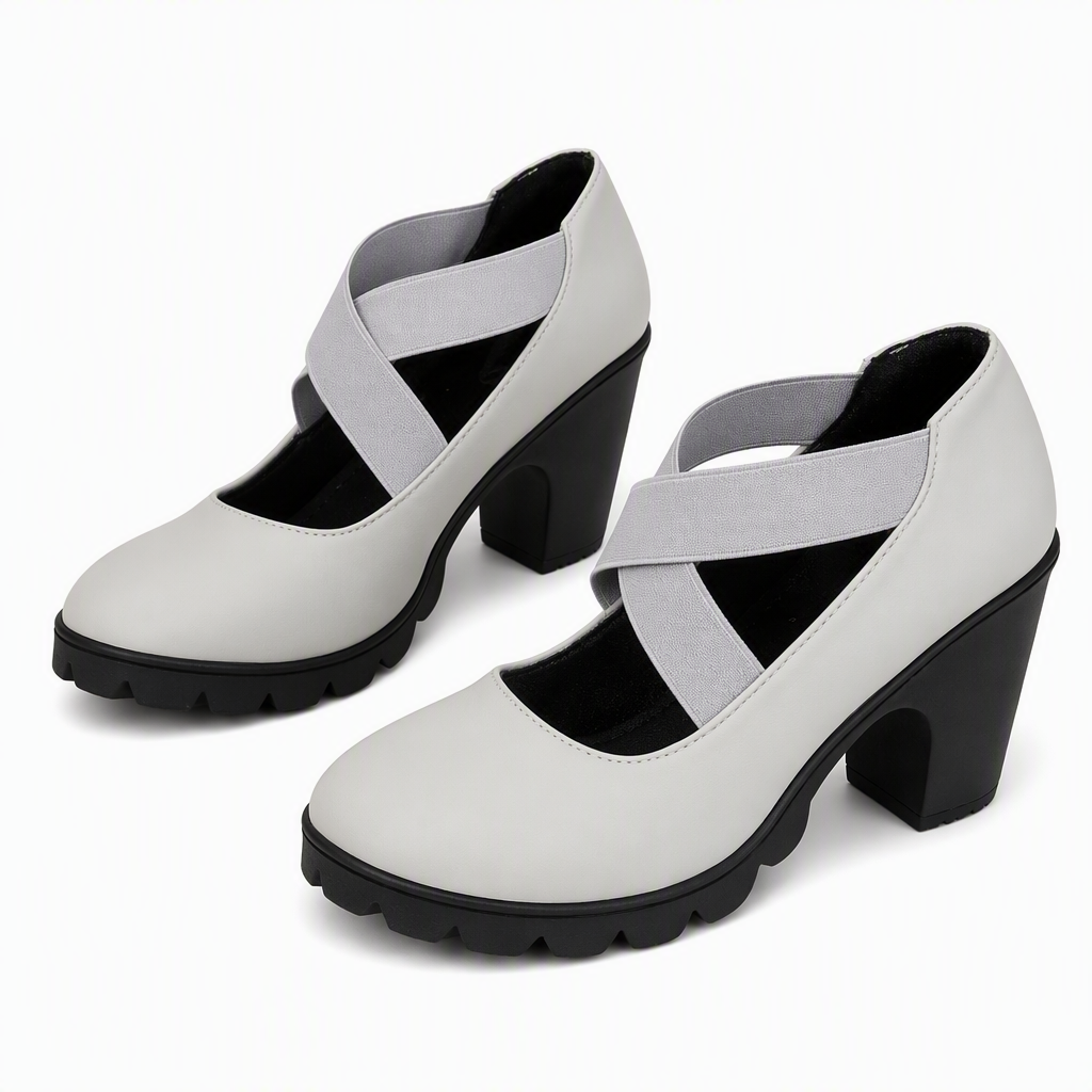Dames schoenen met ronde neus, gekruiste bandjes en Mary Jane-stijl, blokhak, plateauhiel en uitsparingen
