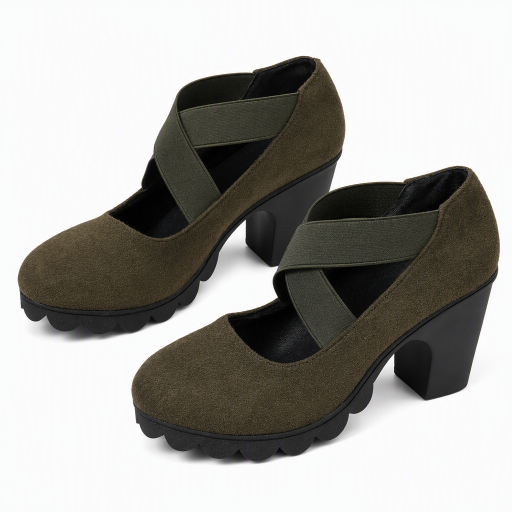 Dames schoenen met ronde neus, gekruiste bandjes en Mary Jane-stijl, blokhak, plateauhiel en uitsparingen