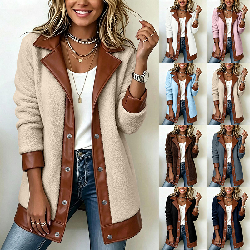 🔥Gratis verzending✈️Dames gewatteerde jack met revers en patchwork van pluche