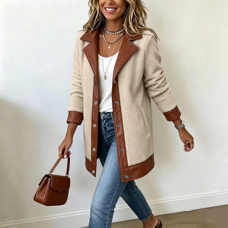 🔥Gratis verzending✈️Dames gewatteerde jack met revers en patchwork van pluche