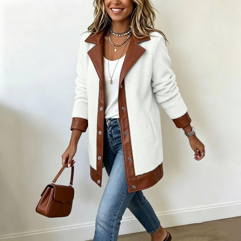 🔥Gratis verzending✈️Dames gewatteerde jack met revers en patchwork van pluche