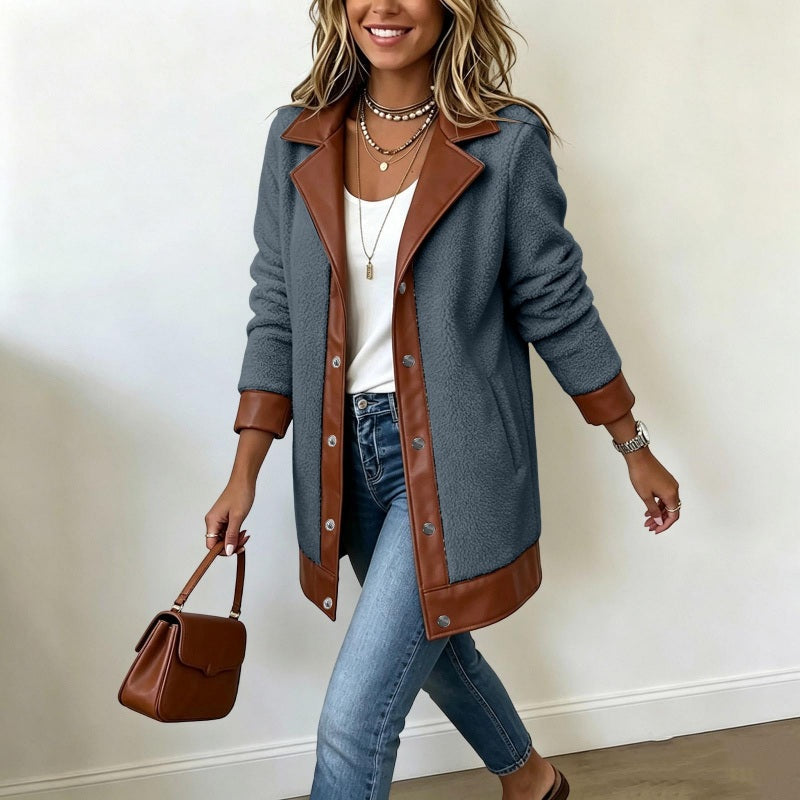 🔥Gratis verzending✈️Dames gewatteerde jack met revers en patchwork van pluche