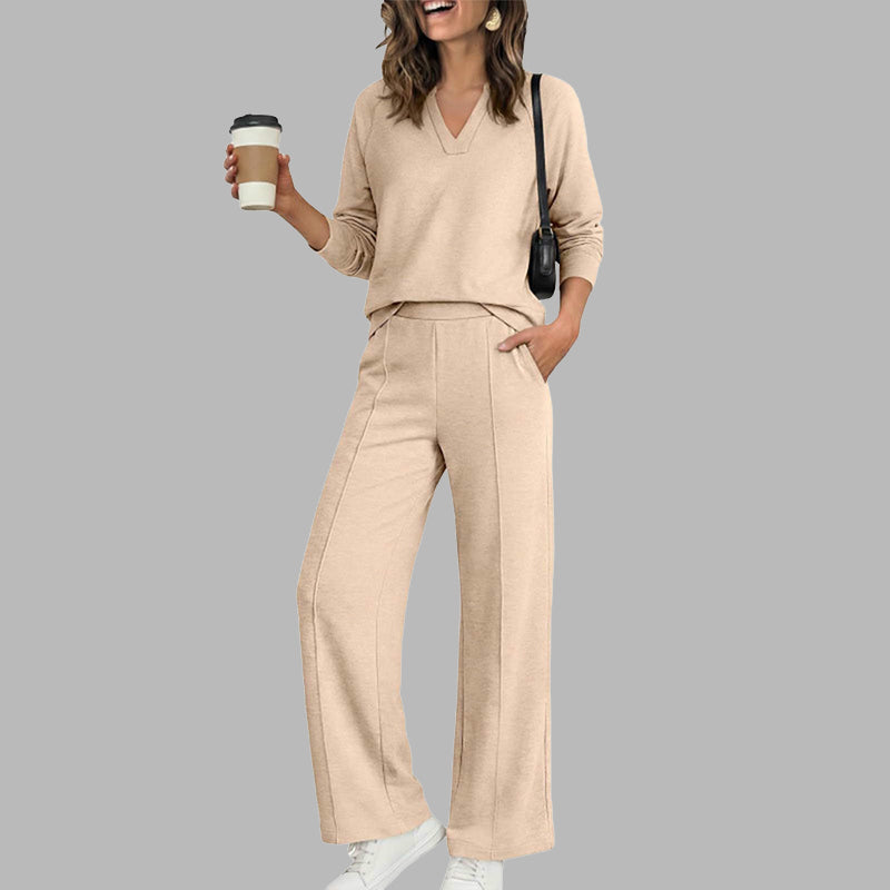 🔥Gratis verzending✈️ Dames V-Hals Top & Wijde Pijpen Broek Set 👚 Elegante Pasvorm, Comfortabele Stof & Trendy Casual Look
