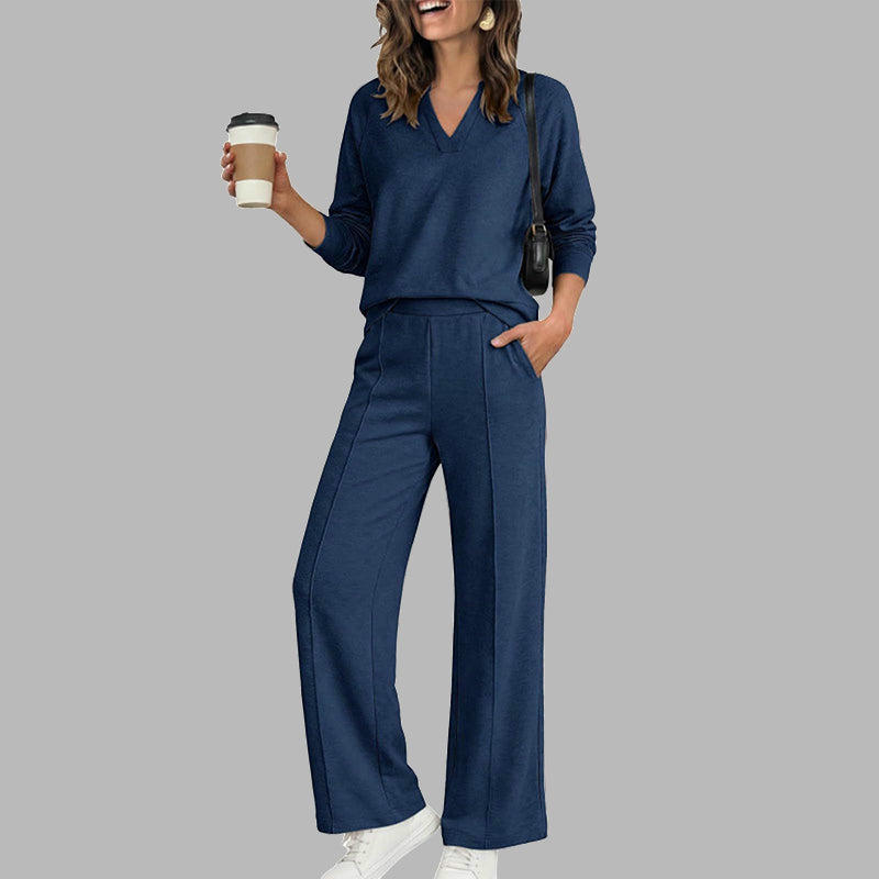 🔥Gratis verzending✈️ Dames V-Hals Top & Wijde Pijpen Broek Set 👚 Elegante Pasvorm, Comfortabele Stof & Trendy Casual Look