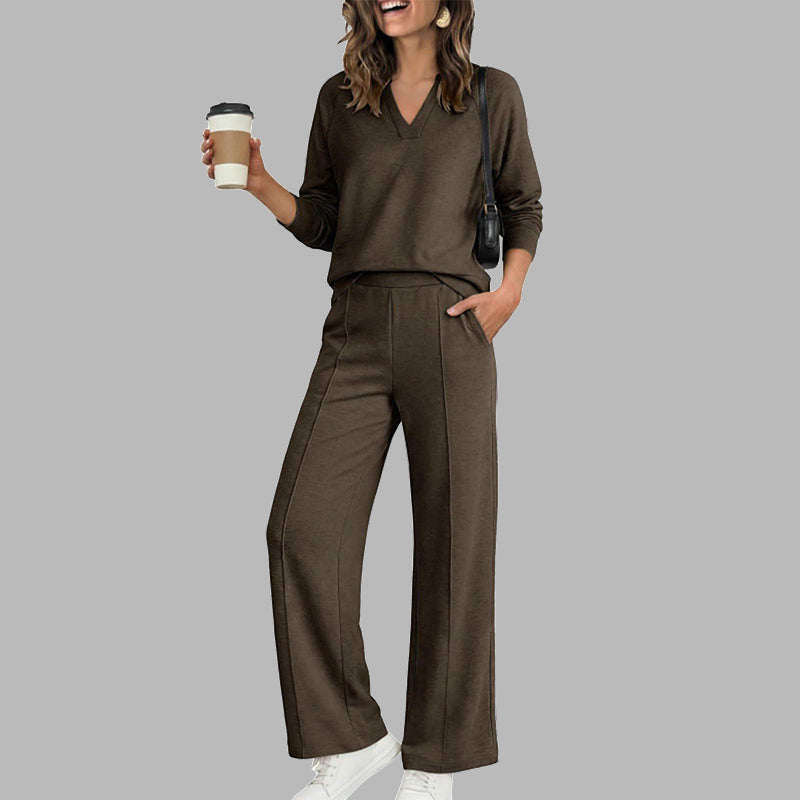 🔥Gratis verzending✈️ Dames V-Hals Top & Wijde Pijpen Broek Set 👚 Elegante Pasvorm, Comfortabele Stof & Trendy Casual Look