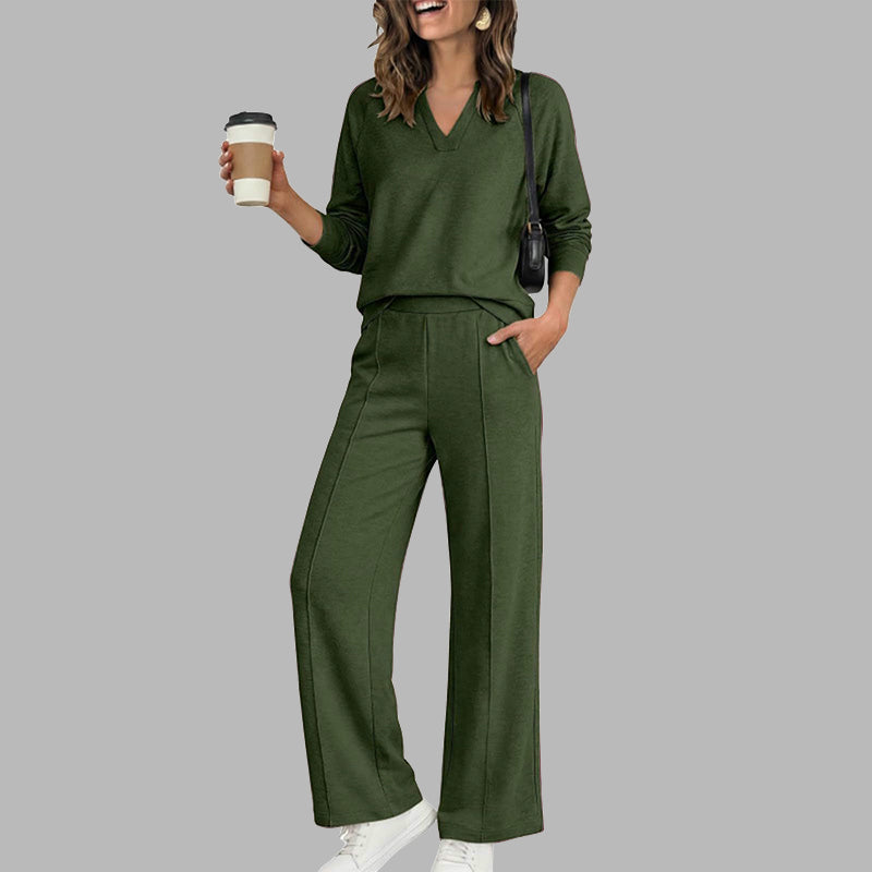 🔥Gratis verzending✈️ Dames V-Hals Top & Wijde Pijpen Broek Set 👚 Elegante Pasvorm, Comfortabele Stof & Trendy Casual Look