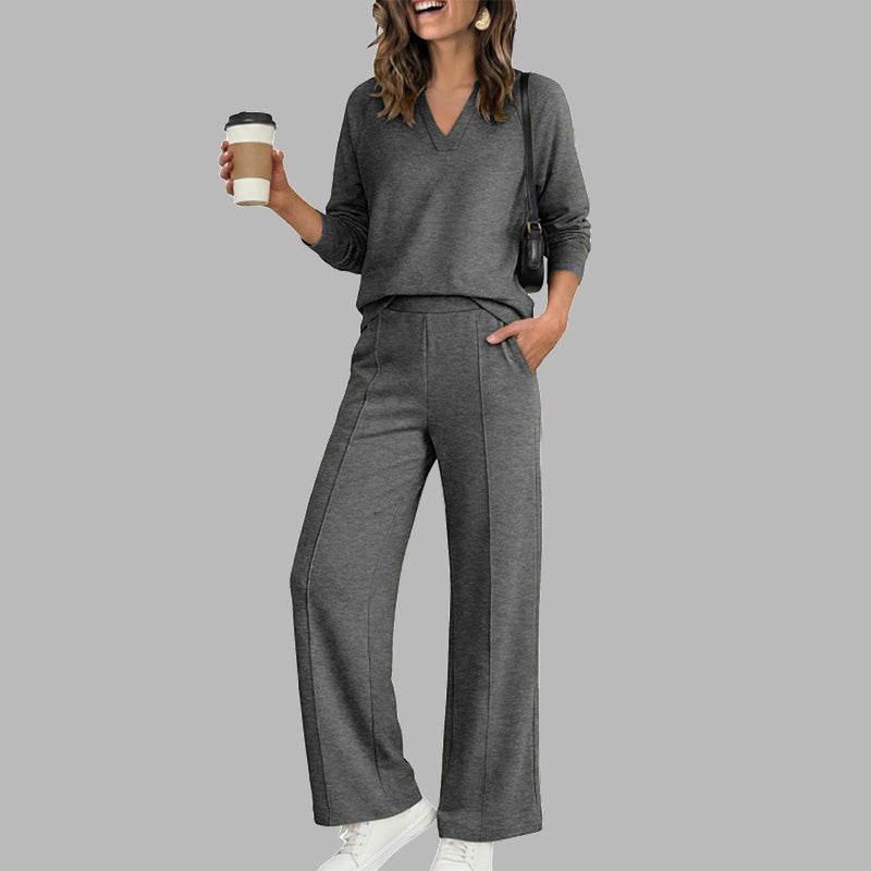 🔥Gratis verzending✈️ Dames V-Hals Top & Wijde Pijpen Broek Set 👚 Elegante Pasvorm, Comfortabele Stof & Trendy Casual Look