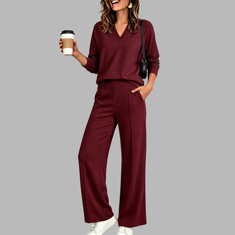 🔥Gratis verzending✈️ Dames V-Hals Top & Wijde Pijpen Broek Set 👚 Elegante Pasvorm, Comfortabele Stof & Trendy Casual Look