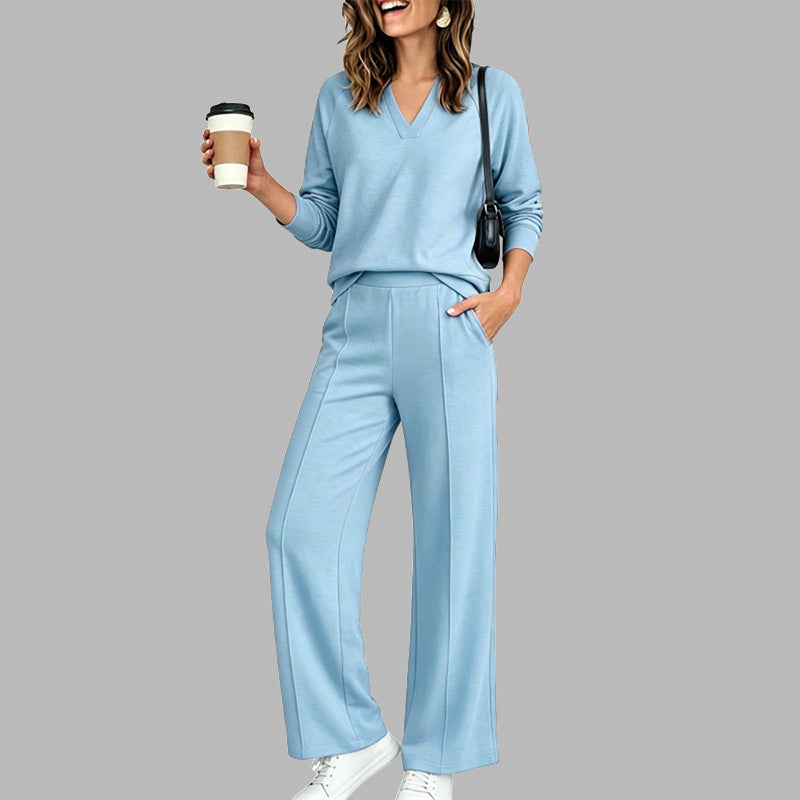 🔥Gratis verzending✈️ Dames V-Hals Top & Wijde Pijpen Broek Set 👚 Elegante Pasvorm, Comfortabele Stof & Trendy Casual Look