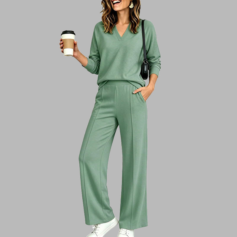 🔥Gratis verzending✈️ Dames V-Hals Top & Wijde Pijpen Broek Set 👚 Elegante Pasvorm, Comfortabele Stof & Trendy Casual Look