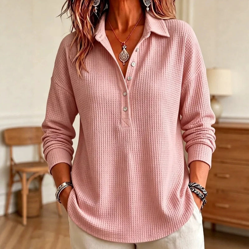 Geribd gebreid T-shirt met lange mouwen voor dames, losvallend model