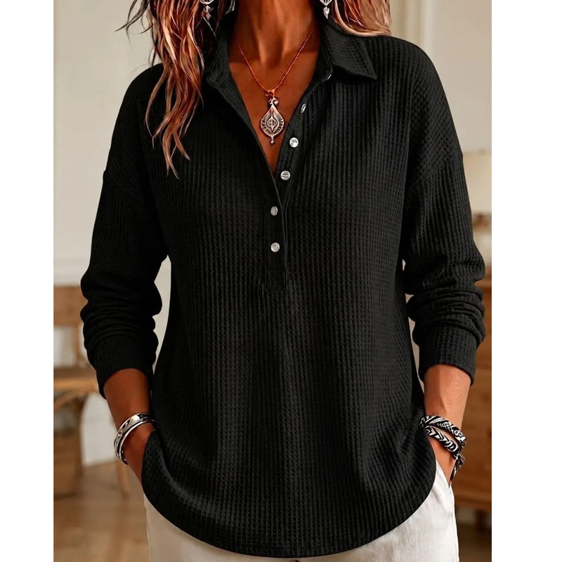Geribd gebreid T-shirt met lange mouwen voor dames, losvallend model