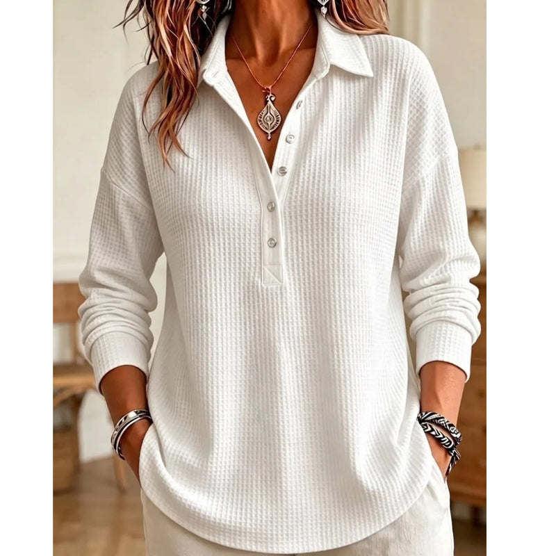 Geribd gebreid T-shirt met lange mouwen voor dames, losvallend model