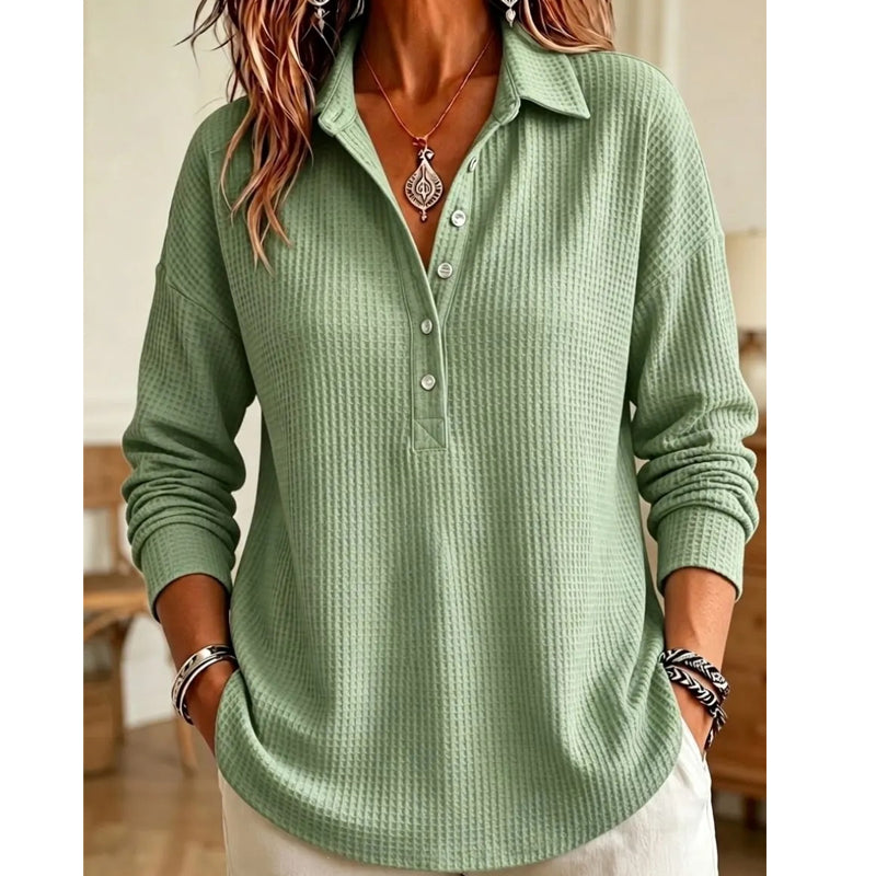 Geribd gebreid T-shirt met lange mouwen voor dames, losvallend model