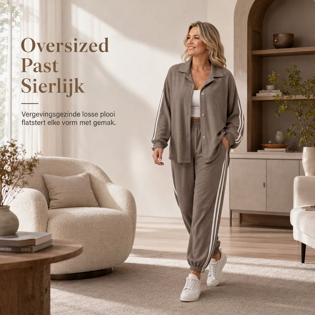 🔥Gratis verzending✈️Casual tweedelige loungebundel voor dames met oversized overhemd met knopen en joggingbroek met zijstrepen