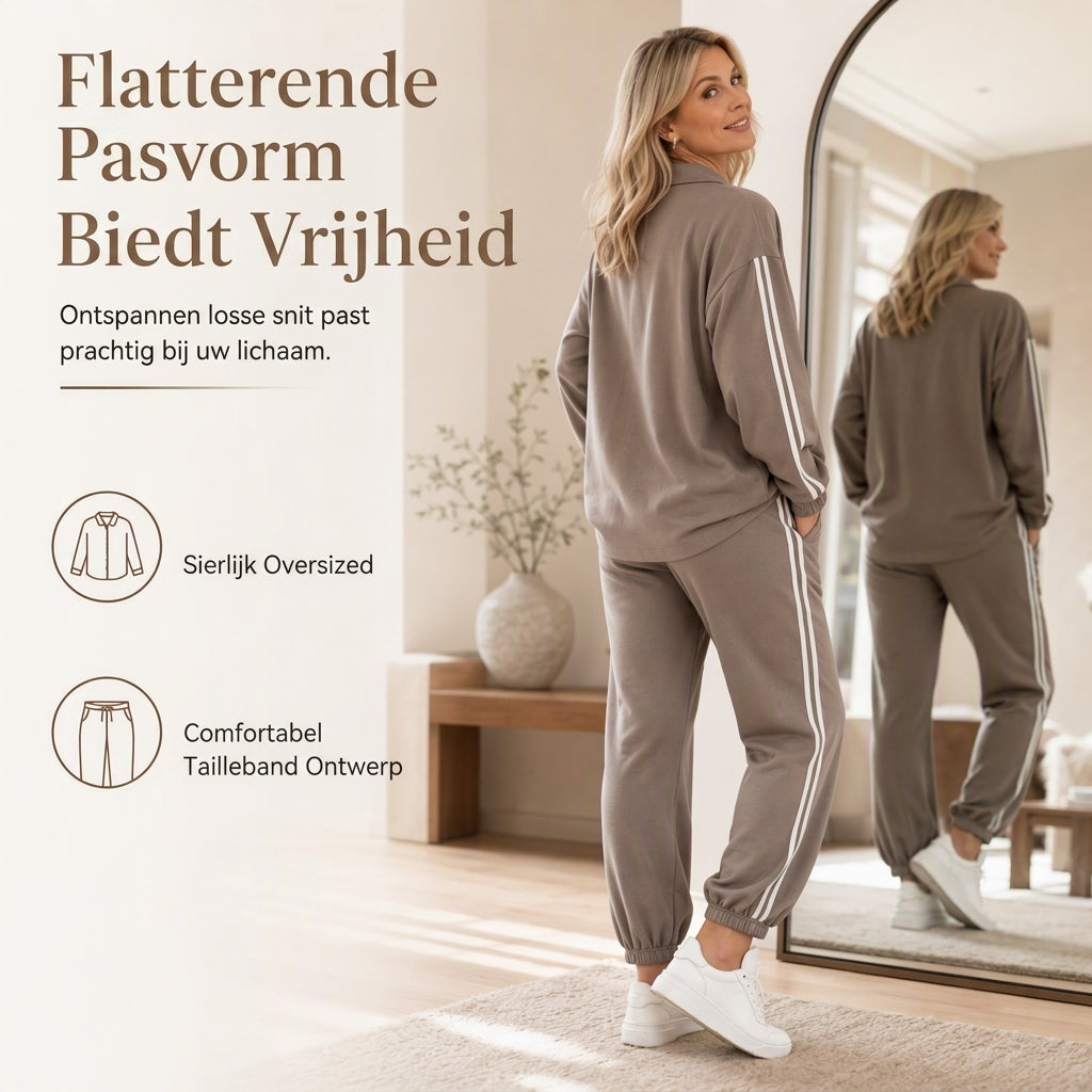 🔥Gratis verzending✈️Casual tweedelige loungebundel voor dames met oversized overhemd met knopen en joggingbroek met zijstrepen
