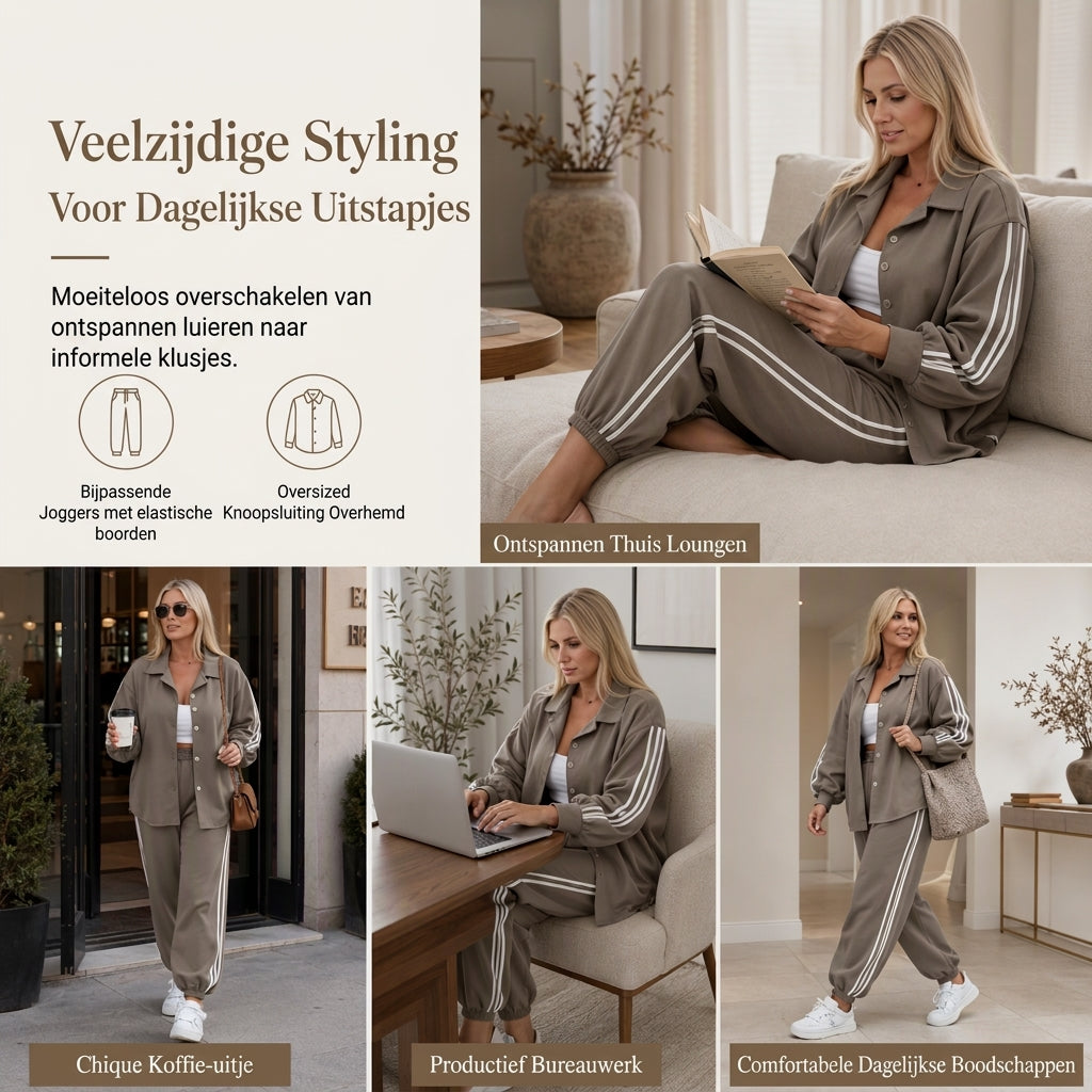 🔥Gratis verzending✈️Casual tweedelige loungebundel voor dames met oversized overhemd met knopen en joggingbroek met zijstrepen