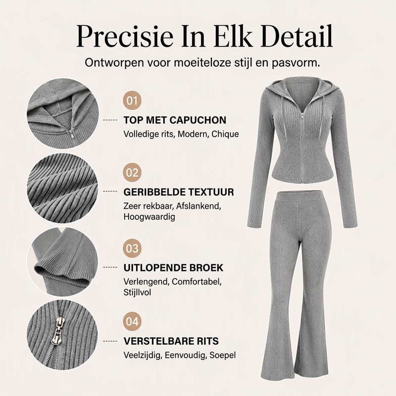 😍Dames Geribbelde Jack met Capuchon en Ritssluiting & Flared Broek Set