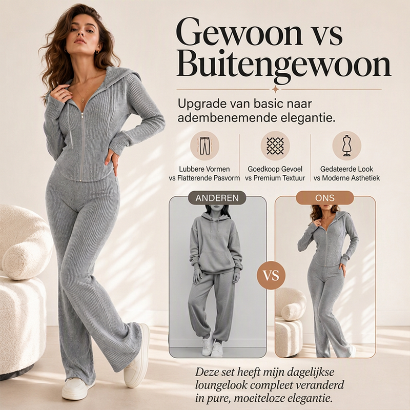 😍Dames Geribbelde Jack met Capuchon en Ritssluiting & Flared Broek Set