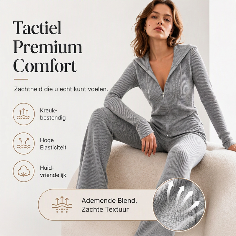 😍Dames Geribbelde Jack met Capuchon en Ritssluiting & Flared Broek Set