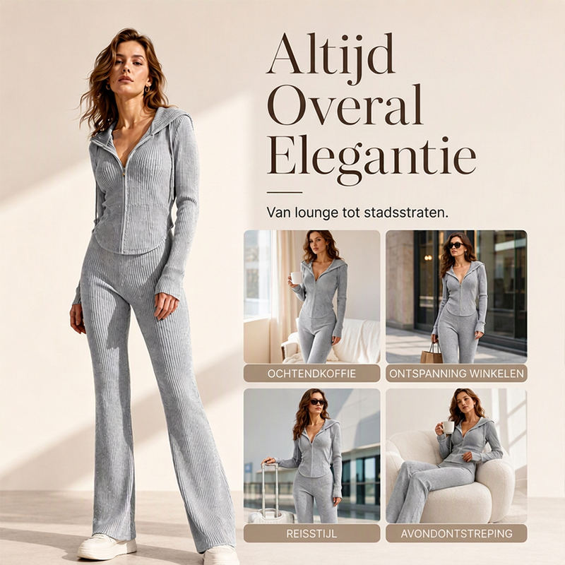 😍Dames Geribbelde Jack met Capuchon en Ritssluiting & Flared Broek Set