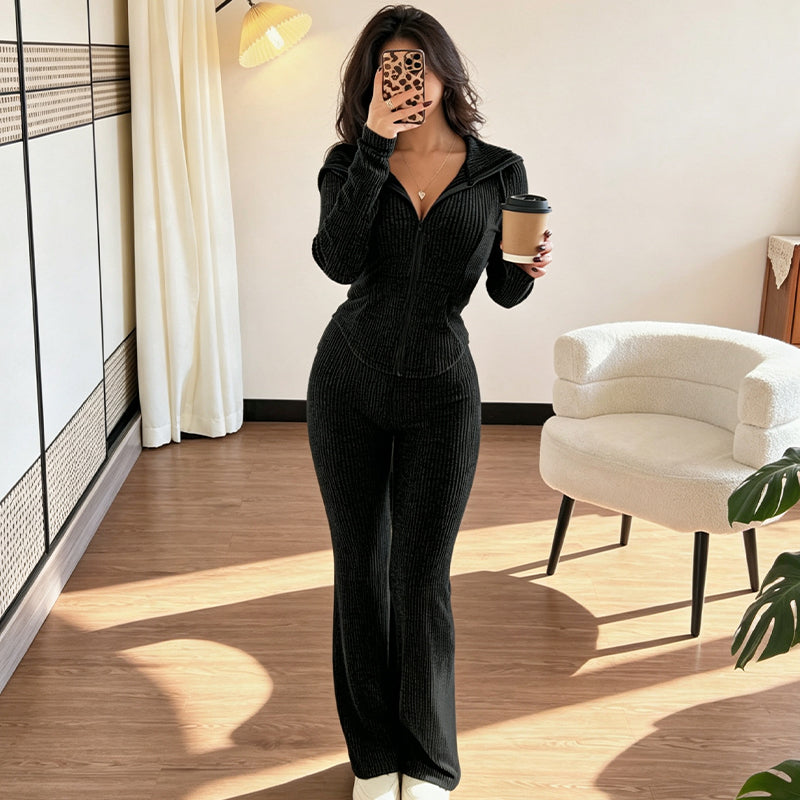 😍Dames Geribbelde Jack met Capuchon en Ritssluiting & Flared Broek Set