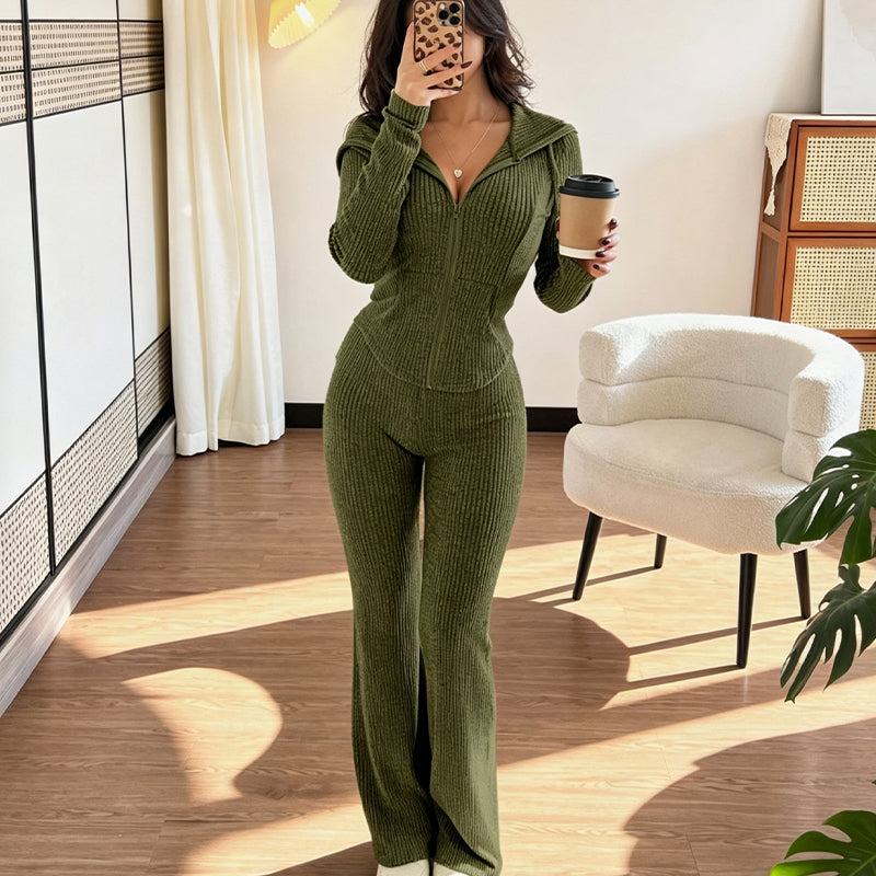 😍Dames Geribbelde Jack met Capuchon en Ritssluiting & Flared Broek Set