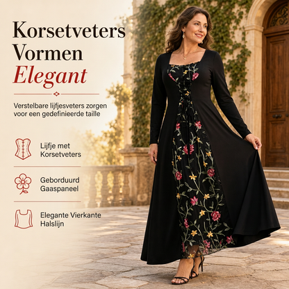🔥Gratis verzending✈️🖤 Zwarte Dames Maxi-Jurk met Vierkante Hals – Lange Mouwen, Veter Korset Taille & Geborduurde Bloemen Mesh Details ✨