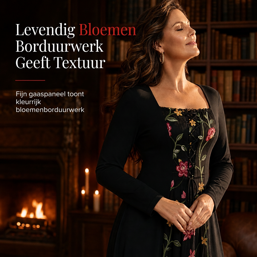 🔥Gratis verzending✈️🖤 Zwarte Dames Maxi-Jurk met Vierkante Hals – Lange Mouwen, Veter Korset Taille & Geborduurde Bloemen Mesh Details ✨