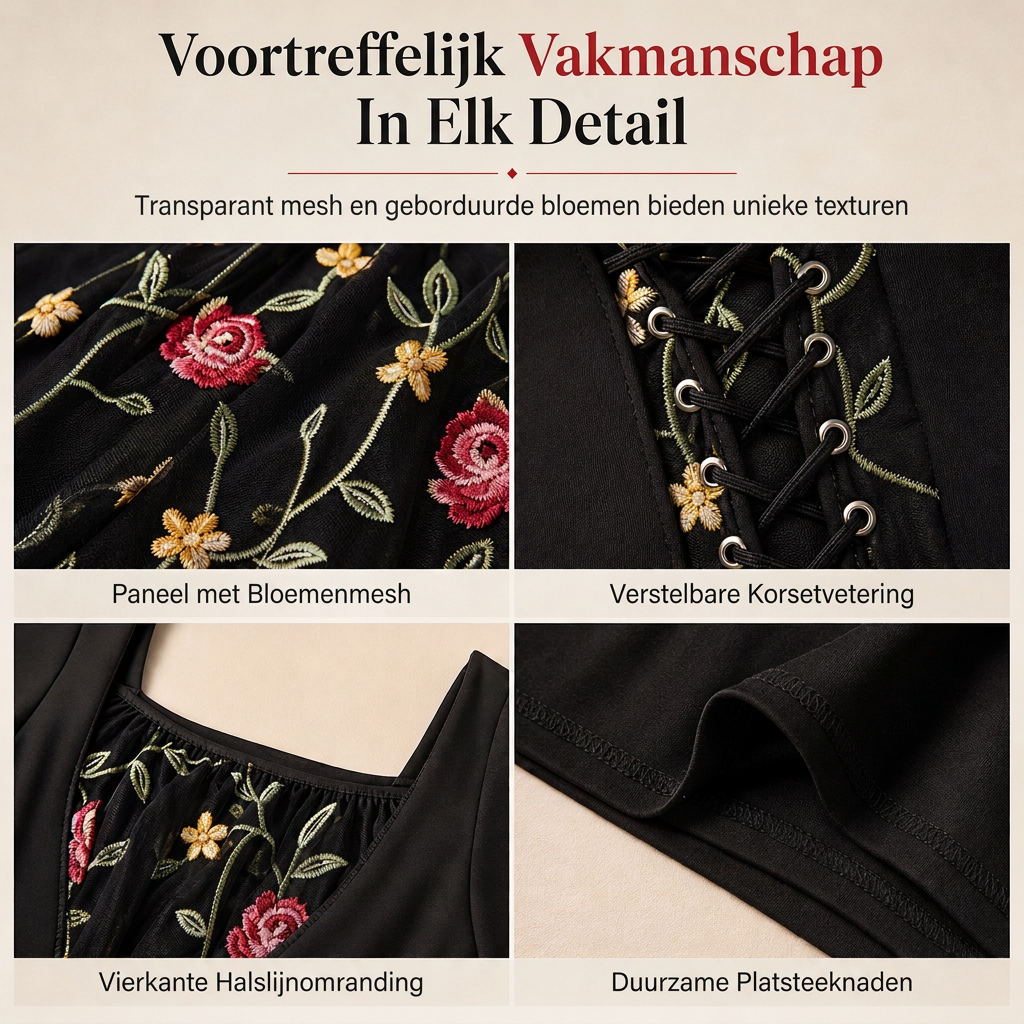 🔥Gratis verzending✈️🖤 Zwarte Dames Maxi-Jurk met Vierkante Hals – Lange Mouwen, Veter Korset Taille & Geborduurde Bloemen Mesh Details ✨