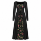 🔥Gratis verzending✈️🖤 Zwarte Dames Maxi-Jurk met Vierkante Hals – Lange Mouwen, Veter Korset Taille & Geborduurde Bloemen Mesh Details ✨