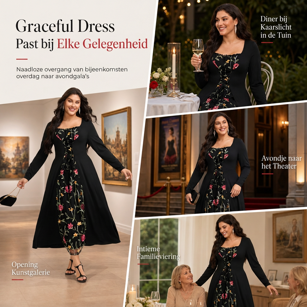🔥Gratis verzending✈️🖤 Zwarte Dames Maxi-Jurk met Vierkante Hals – Lange Mouwen, Veter Korset Taille & Geborduurde Bloemen Mesh Details ✨