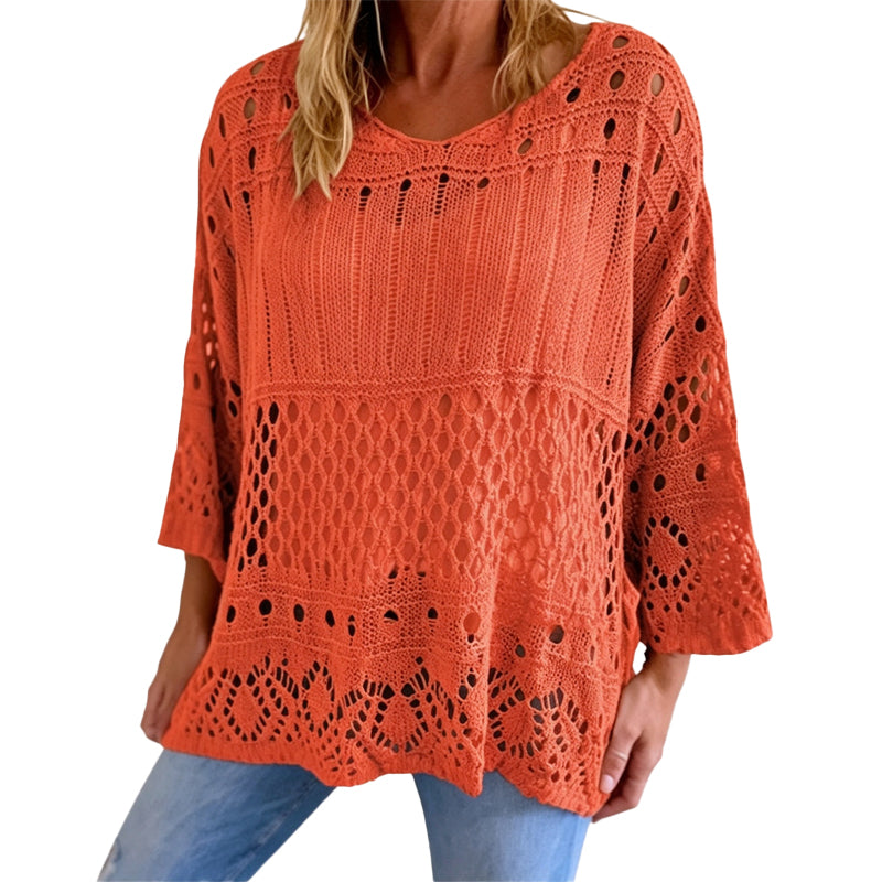 🧶 Dames Gebreide Trui met Gehaakte Opengewerkte Patronen – Elegante Casual Sweater met Zachte Pasvorm & Unieke Details ✨