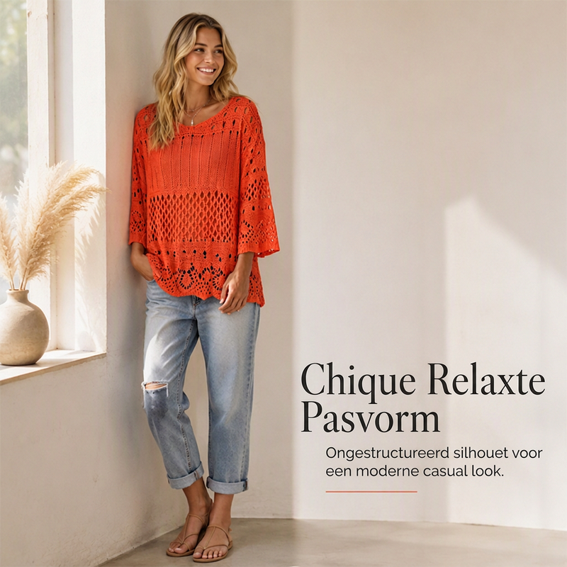 🧶 Dames Gebreide Trui met Gehaakte Opengewerkte Patronen – Elegante Casual Sweater met Zachte Pasvorm & Unieke Details ✨