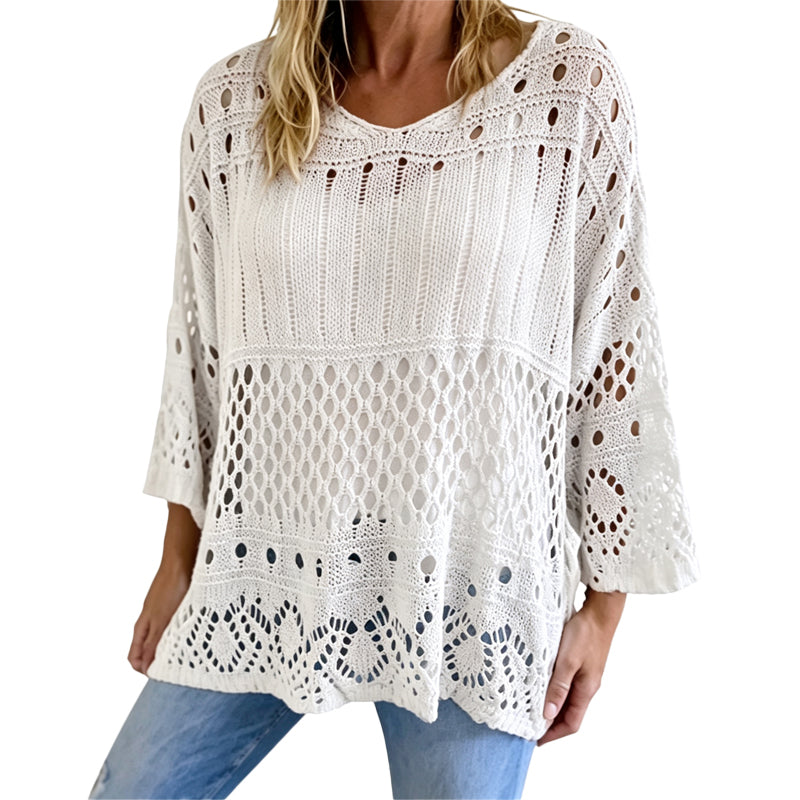 🧶 Dames Gebreide Trui met Gehaakte Opengewerkte Patronen – Elegante Casual Sweater met Zachte Pasvorm & Unieke Details ✨