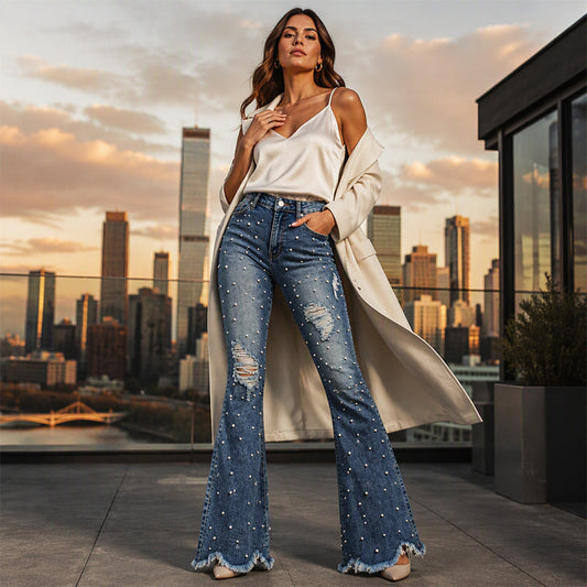 🔥Gratis verzending✈️Dames high-waisted distressed flare jeans