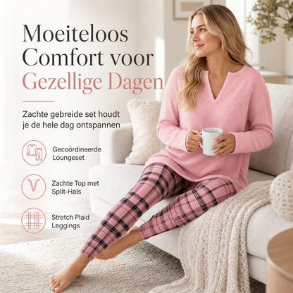 🔥Gratis verzending✈️Dames Gebreide Top & Geruite Legging Set – Trendy 2-Delige Outfit met Comfortabele Pasvorm 👗