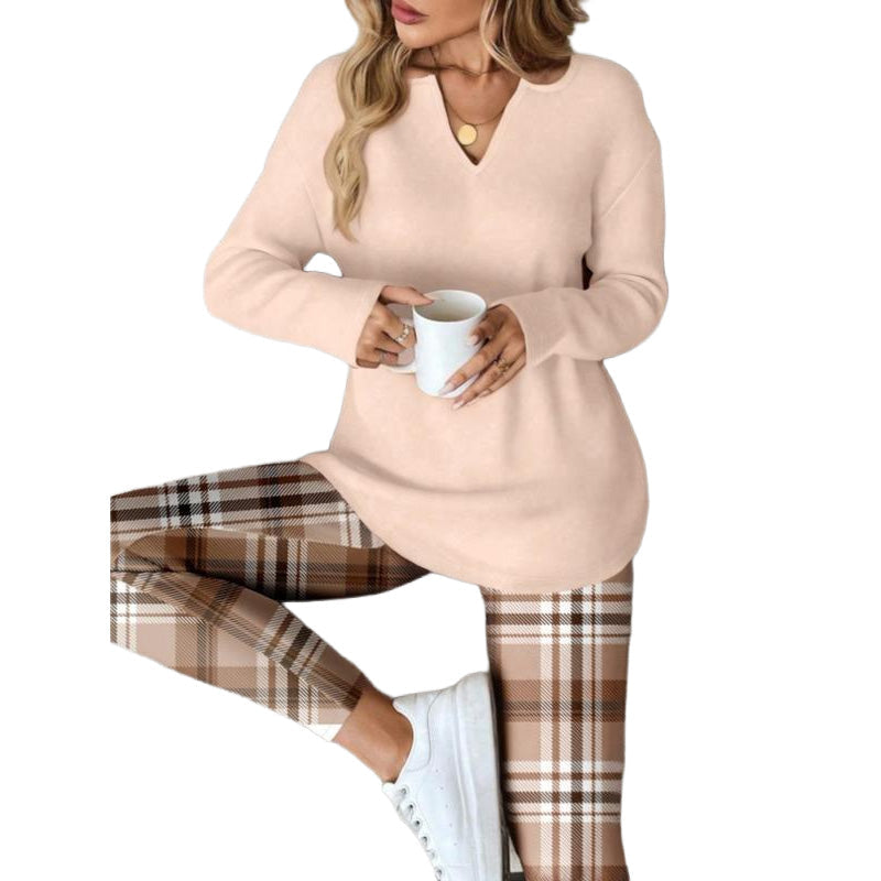 🔥Gratis verzending✈️Dames Gebreide Top & Geruite Legging Set – Trendy 2-Delige Outfit met Comfortabele Pasvorm 👗