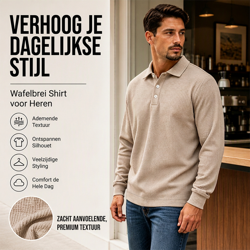 🆕 Nieuw & Trendy – Heren wafelgebreid overhemd met lange mouwen 👔 Klassieke kraag, comfortabele textuur & veelzijdige casual stijl ✨
