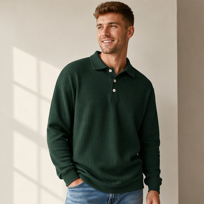 🆕 Nieuw & Trendy – Heren wafelgebreid overhemd met lange mouwen 👔 Klassieke kraag, comfortabele textuur & veelzijdige casual stijl ✨