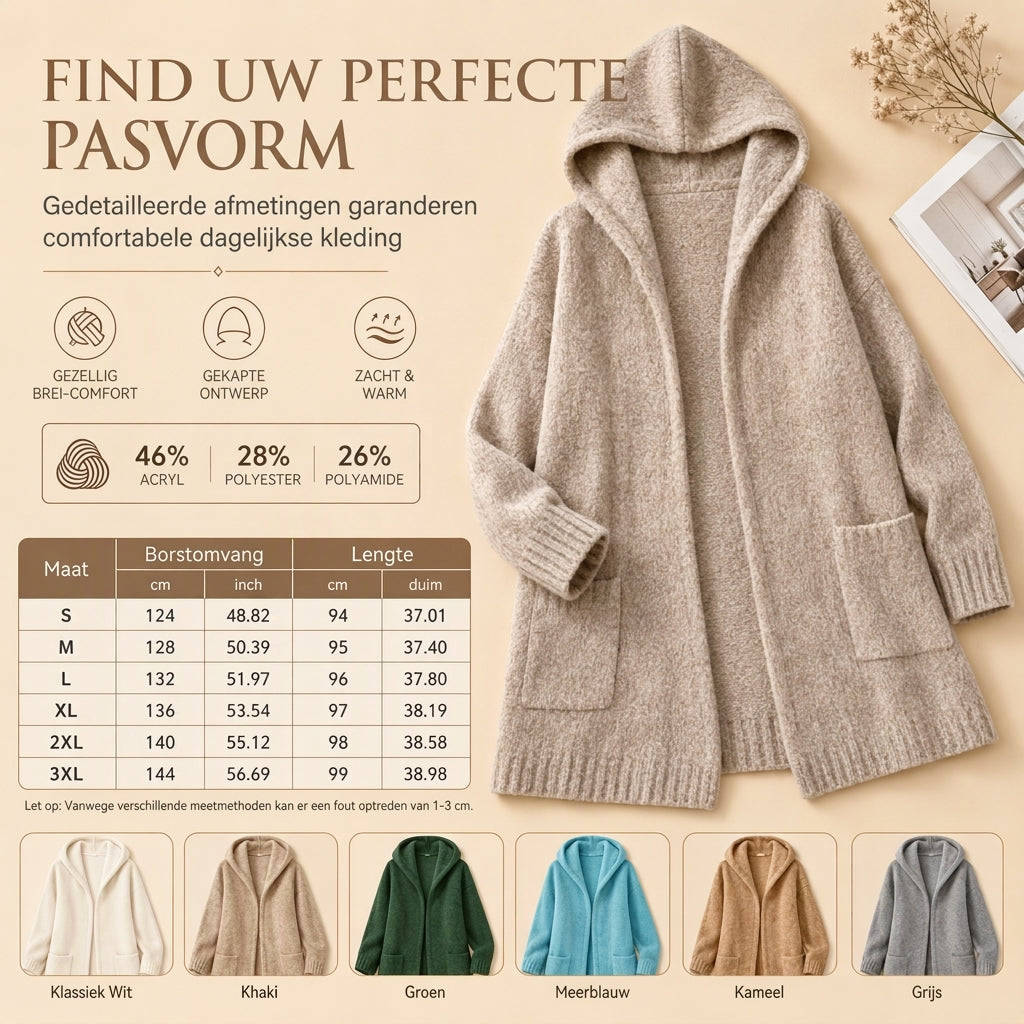 🌸 Nieuwe Collectie – Lange gebreide damescardigan met capuchon 🧶 Zachte warmte, relaxed fit & stijlvolle laag voor het najaar ✨