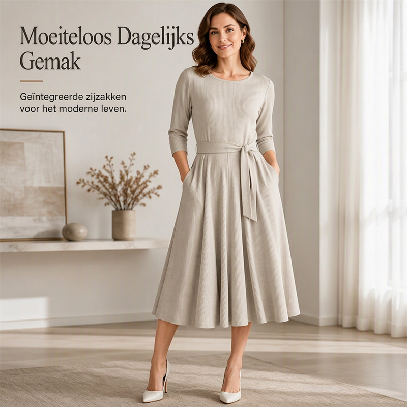 💎 Exclusieve Deal – Dames A-lijn midi-jurk van geribd breisel 👗 Ronde hals, 3/4 mouwen & comfortabele pasvorm met zakken ✨