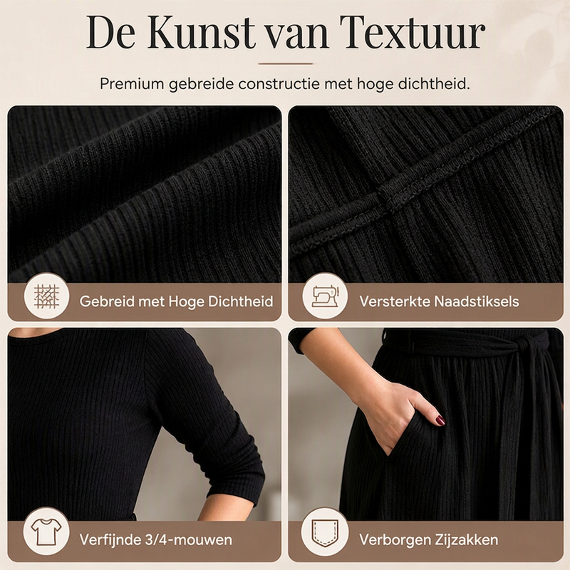 💎 Exclusieve Deal – Dames A-lijn midi-jurk van geribd breisel 👗 Ronde hals, 3/4 mouwen & comfortabele pasvorm met zakken ✨