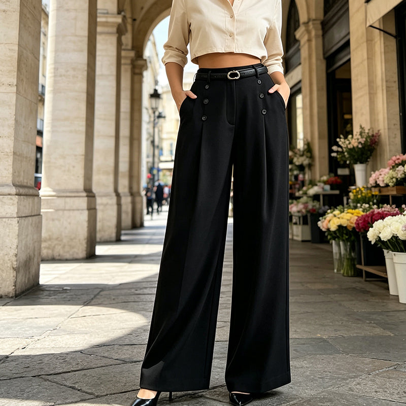💎 Exclusieve Deal – Elegante damesbroek met wijde pijpen 👖 Dubbele rij knopen, flatterende taille & stijlvolle moderne pasvorm ✨