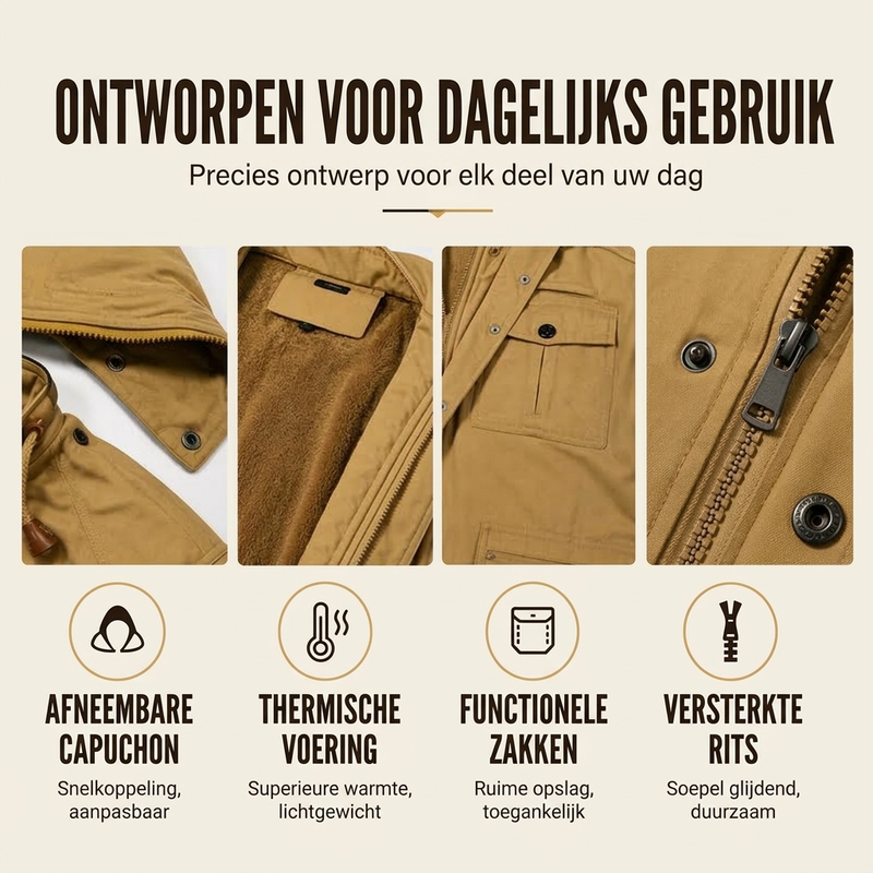 🔥Gratis verzending✈️Heren winterjack met thermovoering en afneembare capuchon