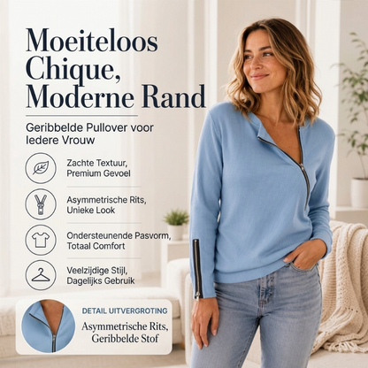 💎 Exclusieve Deal ✨ Dames Gebreide Top met Ribstructuur – Trendy Trui met Asymmetrische Rits & Elegante Pasvorm